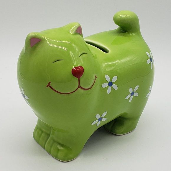 Lime Green Cat Shaped Applied White Blue Flowers Ceramic Piggy Bank with Stopper - Picture 5 of 13